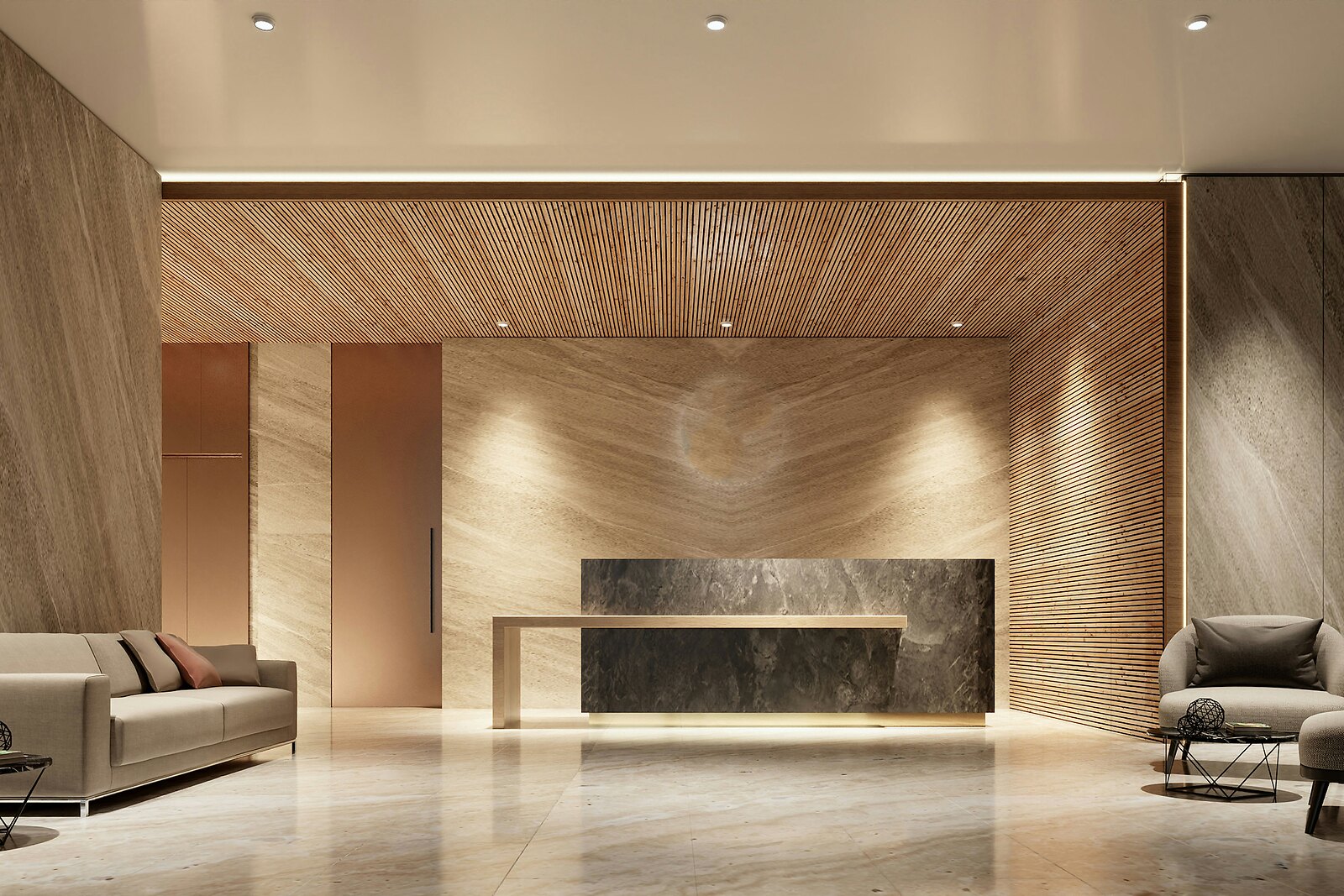Ruhige, warme Lobby moderner Architektur ohne Personen
